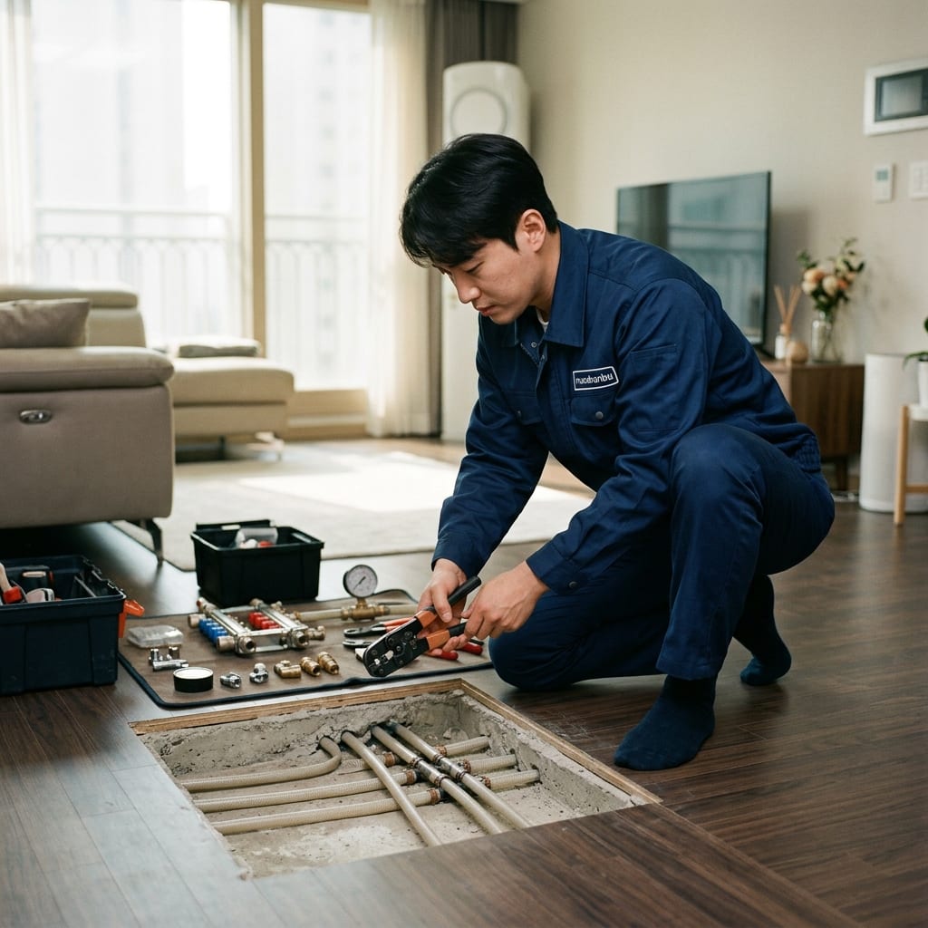 거실 바닥의 최소 면적만 개방해 난방 배관을 확인하는 정밀 보수 현장
